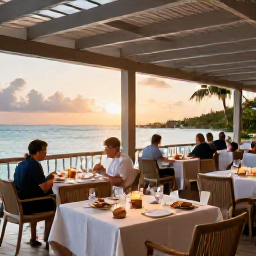 Caribbean Holidays, Turks Caicos Business Class, Elegant open-air restaurant overlooking the sea at sunset, with fresh seafood and relaxed diners in Turks and Caicos
