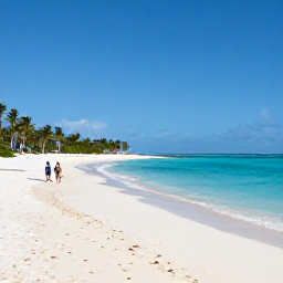 Caribbean Holidays, Turks Caicos Business Class, Grace Bay Beach in June with powder-white sand, clear turquoise sea, palm trees and a couple walking beside the water