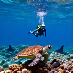 Caribbean Holidays, Turks Caicos Diving, Divers swimming over a healthy coral reef with sea turtles, rays and tropical fish near Providenciales