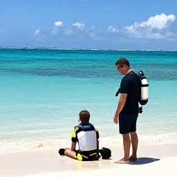 Caribbean Holidays, Turks Caicos Diving, Friendly scuba diving instructor helping a beginner diver prepare beside a tropical beach in Turks and Caicos