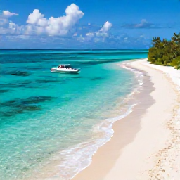 Caribbean Holidays, Turks Caicos Diving, Scuba boat anchored over clear Caribbean water beside a white sandy beach and coral reef in Turks and Caicos
