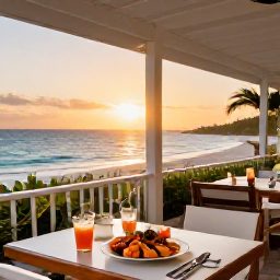 Caribbean Holidays, Turks Caicos February, Elegant beachfront restaurant at sunset serving fresh Caribbean seafood on the Turks and Caicos Islands