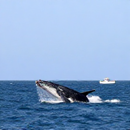 Caribbean Holidays, Turks Caicos February, Humpback whales breaching in the deep blue water near Salt Cay, with a small viewing boat in the distance