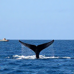 Caribbean Holidays, Turks Caicos February, Humpback whales near the Turks and Caicos Islands, tail rising from calm blue Caribbean sea with a small boat at a respectful distance