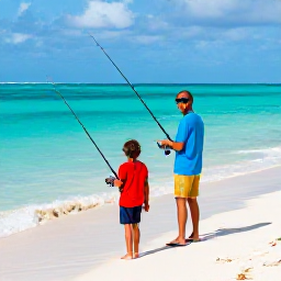 Caribbean Holidays, Turks Caicos Fishing, A happy family returning to shore with fishing rods and a modest catch, turquoise sea and white sand beach behind them in Turks and Caicos