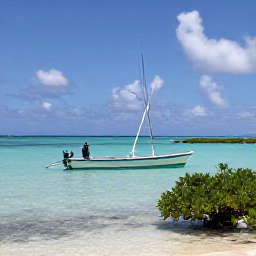 Caribbean Holidays, Turks Caicos Fishing, Anglers casting lines from a traditional boat over shallow flats with mangroves and bright blue water in Turks and Caicos