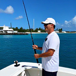 Caribbean Holidays, Turks Caicos Fishing, Friendly local fishing guide preparing rods and tackle on a boat at a Turks and Caicos marina