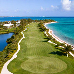 Caribbean Holidays, Turks Caicos Golf, Aerial view of a Caribbean golf course beside bright turquoise sea on Providenciales, Turks and Caicos