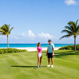 Caribbean Holidays, Turks Caicos Golf, Couple enjoying a relaxed golf holiday on a sunny Turks and Caicos beach near Grace Bay