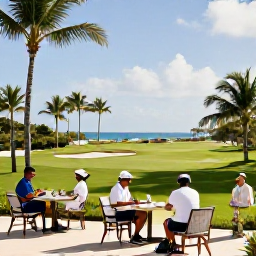 Caribbean Holidays, Turks Caicos Golf, Golfers relaxing at a Caribbean clubhouse terrace after a round, with palm trees and tropical island scenery