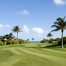 Caribbean Holidays, Turks Caicos Golf, Well-maintained Caribbean golf fairway with palm trees, coastal vegetation and blue sky in Providenciales