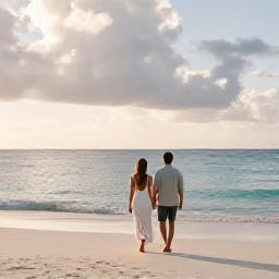 Caribbean Holidays, Turks Caicos Honeymoons, A newlywed couple walking barefoot along a quiet white-sand beach in Turks and Caicos at golden hour