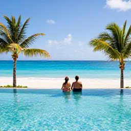Caribbean Holidays, Turks Caicos Honeymoons, Couple relaxing beside an infinity pool at a stylish beachfront resort in Turks and Caicos, with palm trees and turquoise sea