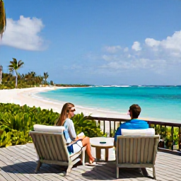 Caribbean Holidays, Turks Caicos Honeymoons, Couple relaxing on a luxury beachfront resort terrace overlooking turquoise sea and palm trees in Turks and Caicos