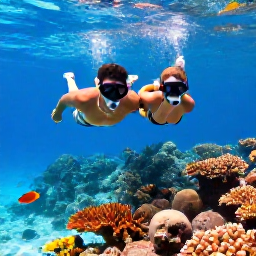 Caribbean Holidays, Turks Caicos Honeymoons, Couple snorkelling together above colourful coral and tropical fish in clear shallow water near Turks and Caicos