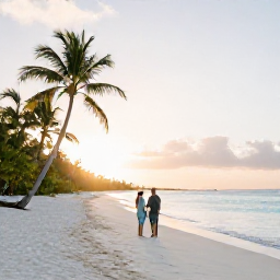 Caribbean Holidays, Turks Caicos Honeymoons, Newlywed couple enjoying a peaceful sunrise on a white-sand beach in Turks and Caicos, palm trees and turquoise water behind them