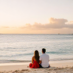 Caribbean Holidays, Turks Caicos Honeymoons, Newlywed couple sitting together on a quiet tropical beach in Turks and Caicos beneath a warm evening sky