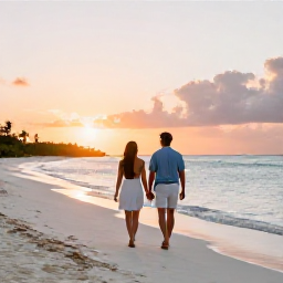 Caribbean Holidays, Turks Caicos Honeymoons, Newlywed couple walking barefoot along a quiet white-sand beach at sunset on Providenciales, Turks and Caicos Islands