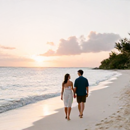 Caribbean Holidays, Turks Caicos Honeymoons, Newlywed couple walking barefoot along a quiet white-sand beach at sunset on Providenciales, Turks and Caicos