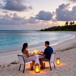 Caribbean Holidays, Turks Caicos Honeymoons, Romantic beachfront dinner for two with lanterns and fresh seafood on a Turks and Caicos beach at dusk
