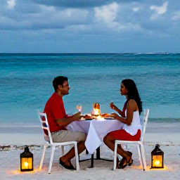 Caribbean Holidays, Turks Caicos Honeymoons, Romantic outdoor dinner for two beside a beach in Turks and Caicos, with lanterns, seafood and a calm evening sea