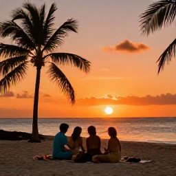 Caribbean Holidays, Turks Caicos Instagram, Friends enjoying a colourful sunset picnic on a quiet Turks and Caicos beach, with palm silhouettes and glowing orange sky