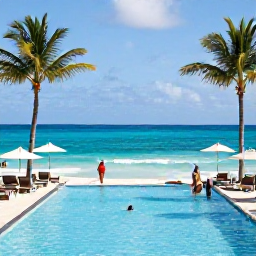 Caribbean Holidays, Turks Caicos July, A relaxed all-inclusive resort scene on Grace Bay, with guests beside a swimming pool, palm trees and a view of the Caribbean Sea