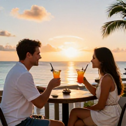 Caribbean Holidays, Turks Caicos July, Adults enjoying a sunset cocktail at an elegant beachfront bar in Turks and Caicos during July