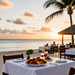Caribbean Holidays, Turks Caicos July, Charming evening at a beachfront restaurant in Providenciales, Turks and Caicos, with fresh seafood and sunset light