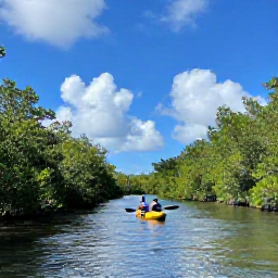 Caribbean Holidays, Turks Caicos July, Couple exploring a calm mangrove channel by kayak in Turks and Caicos, surrounded by green mangroves and bright blue sky