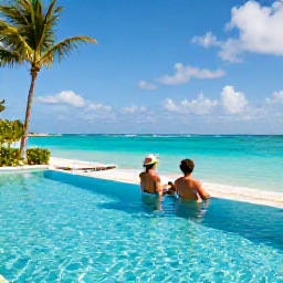 Caribbean Holidays, Turks Caicos July, Couple relaxing beside an infinity pool at an adults-only Turks and Caicos resort, with palm trees and turquoise sea