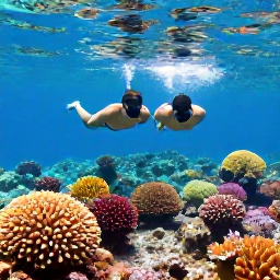 Caribbean Holidays, Turks Caicos July, Couple snorkelling above a colourful coral reef in the clear waters of Turks and Caicos