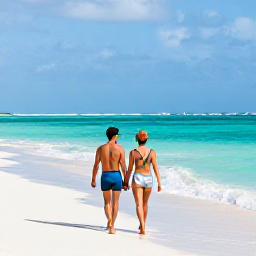 Caribbean Holidays, Turks Caicos July, Couple walking along the quiet white sands of Grace Bay Beach with turquoise sea and gentle July sunlight