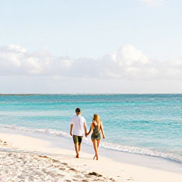 Caribbean Holidays, Turks Caicos July, Couple walking hand in hand along a quiet white-sand beach in Providenciales, Turks and Caicos, with turquoise sea and soft morning light