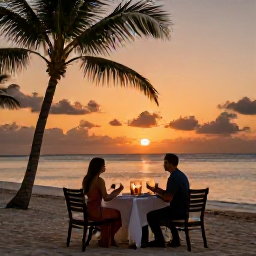Caribbean Holidays, Turks Caicos July, Romantic beachfront dinner for two at sunset in Turks and Caicos, with a laid table, palm trees and glowing orange sky