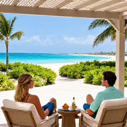 Caribbean Holidays, Turks Caicos July, Stylish couple relaxing on a shaded terrace at a Turks and Caicos beachfront resort, with tropical gardens and ocean view