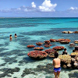 Caribbean Holidays, Turks Caicos July, Visitors snorkelling above a colourful coral reef in clear shallow water near Providenciales, Turks and Caicos