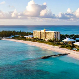 Caribbean Holidays, Turks Caicos Luxury, Aerial view of Grace Bay Beach in Turks and Caicos with clear turquoise water, white sand and a luxury resort in warm July sunshine