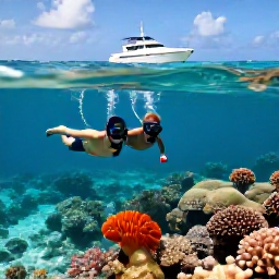 Caribbean Holidays, Turks Caicos Luxury, Couple snorkelling above a colourful coral reef in crystal-clear Turks and Caicos water, with a boat in the background