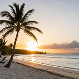 Caribbean Holidays, Turks Caicos Luxury, Golden sunset over Grace Bay Beach with palm trees, calm turquoise sea and a luxury holiday atmosphere in Turks and Caicos