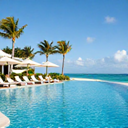 Caribbean Holidays, Turks Caicos Luxury, Luxury beachfront resort in Providenciales, Turks and Caicos, with an infinity pool, palm trees and guests relaxing in June sunshine