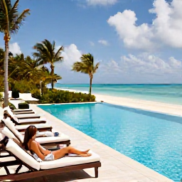 Caribbean Holidays, Turks Caicos Luxury, Luxury beachfront resort pool overlooking Grace Bay, with sun loungers, palm trees and guests enjoying a relaxed July afternoon