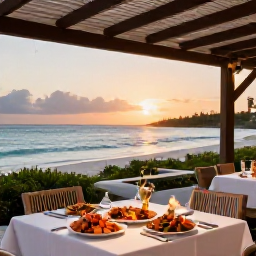 Caribbean Holidays, Turks Caicos Luxury, Outdoor restaurant beside Grace Bay Beach at sunset, fresh seafood dinner, soft evening light and relaxed luxury in Turks and Caicos
