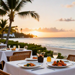 Caribbean Holidays, Turks Caicos Luxury, Outdoor restaurant beside the beach in Providenciales at sunset, serving fresh seafood and elegant Caribbean cuisine