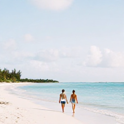 Caribbean Holidays, Turks Caicos Luxury, Peaceful luxury holiday scene on Grace Bay Beach, Turks and Caicos, couple walking beside calm turquoise water beneath a soft June sky