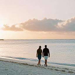 Caribbean Holidays, Turks Caicos May, A couple walking along a quiet white-sand beach in the Turks and Caicos Islands at sunset, with calm sea and soft golden light