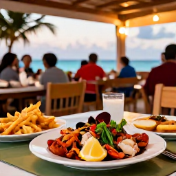Caribbean Holidays, Turks Caicos May, A relaxed outdoor restaurant in Providenciales serving fresh seafood and Caribbean dishes, with diners enjoying a warm May evening