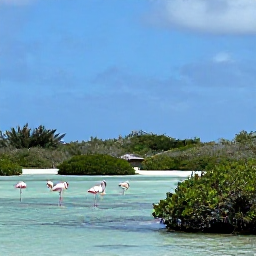 Caribbean Holidays, Turks Caicos Nature, Flamingos and other wading birds beside shallow ponds and mangroves on Grand Turk or Salt Cay