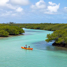 Caribbean Holidays, Turks Caicos Nature, Kayaker paddling through calm mangrove channels with bright Caribbean water and low island vegetation