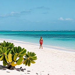 Caribbean Holidays, Turks Caicos Nature, Quiet white-sand beach with calm turquoise sea, sea grape plants and a relaxed visitor walking along the shore